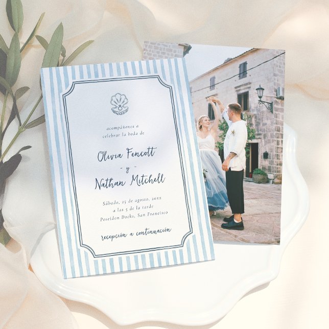 Convites Whimsical Retro Blue Stripes Spanish Wedding (Criador carregado)