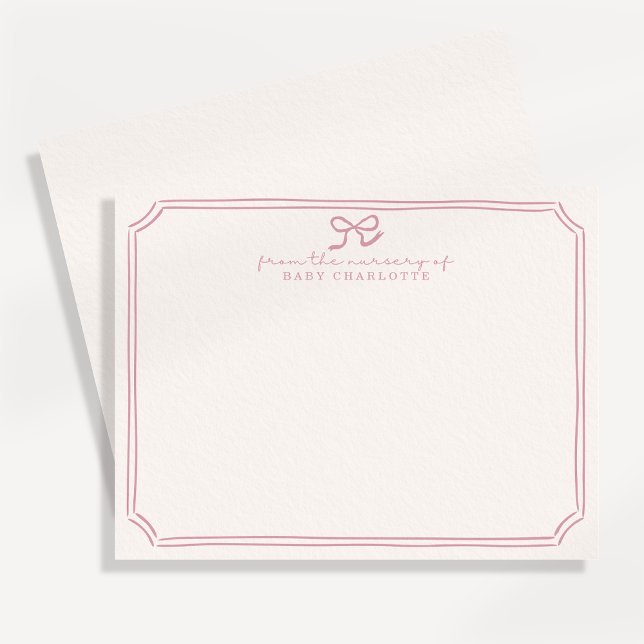 Convites Whimsical retro Pink Bow Nursery Note Card (Criador carregado)