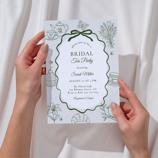 Convites Whimsical Sage Hand Drawn Tea Party Bridal Shower (Criador carregado)