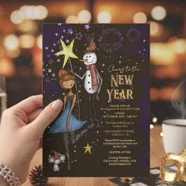 Convites Whimsical Snowman & Starry Night New Year's Eve