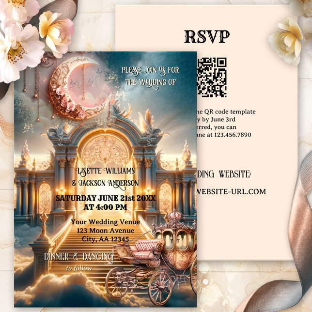 Convites Whimsical Steampunk Fairy Tale Tudo em Um Casament (Victorian steampunk whimsical all in one wedding invitation with fairy tale moon and carriage)