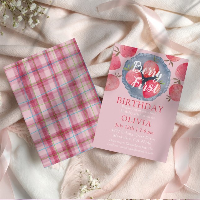 Convites Whimsical Strawberry Pink 1st Birthday Watercolor  (Criador carregado)