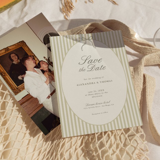 Convites Whimsical Stripe Green Wedding Save the Date (Criador carregado)