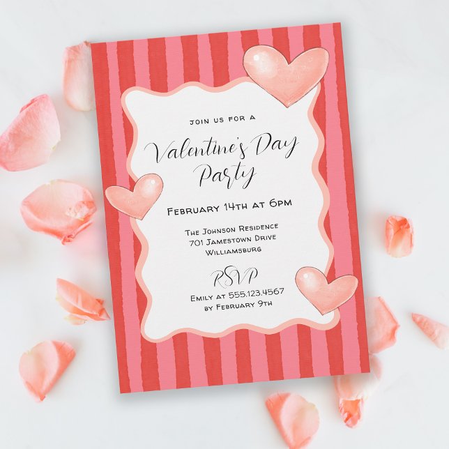 Convites Whimsical Stripes and Hearts Valentines Day Party (Available in both printed and instant download formats.)