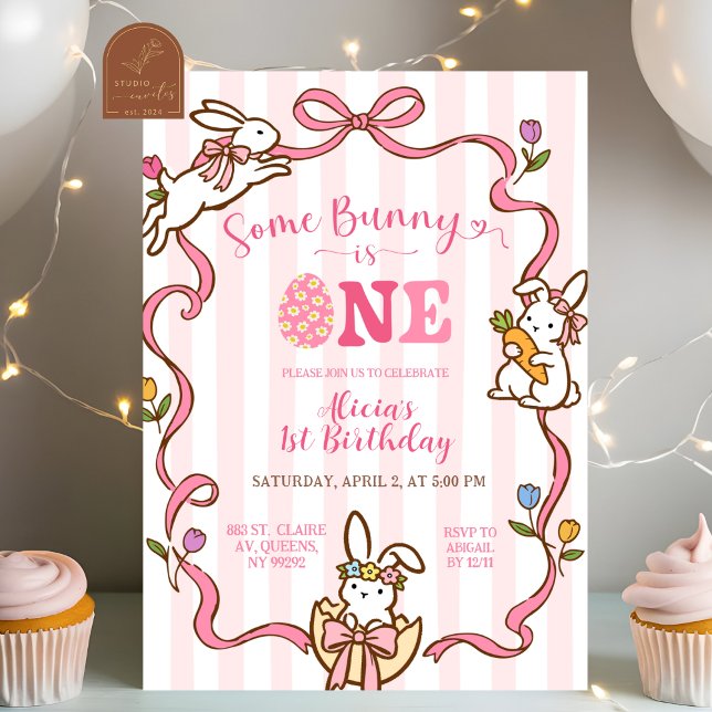 Convites Whimsical Stripes Bunny 1st birthday Invitation (Criador carregado)
