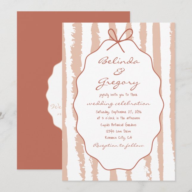 Convites Whimsical Stripes Handwritten Painted Wedding  (Frente/Verso)