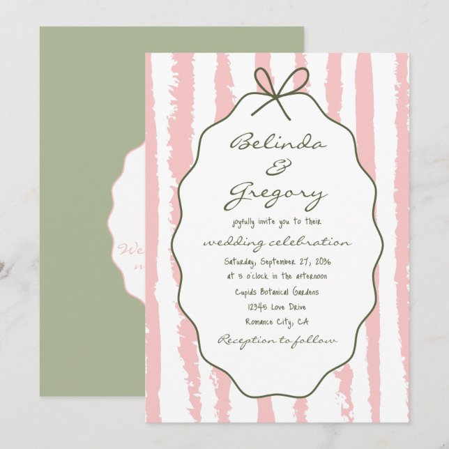 Convites Whimsical Stripes Handwritten Painted Wedding  (Frente/Verso)