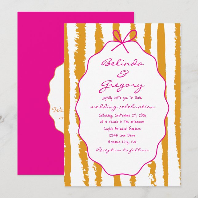 Convites Whimsical Stripes Handwritten Painted Wedding  (Frente/Verso)
