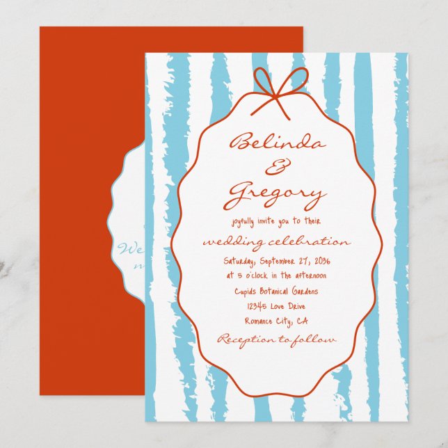 Convites Whimsical Stripes Handwritten Painted Wedding  (Frente/Verso)