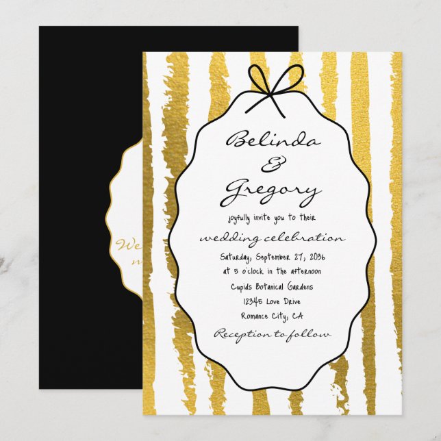 Convites Whimsical Stripes Handwritten Painted Wedding  (Frente/Verso)