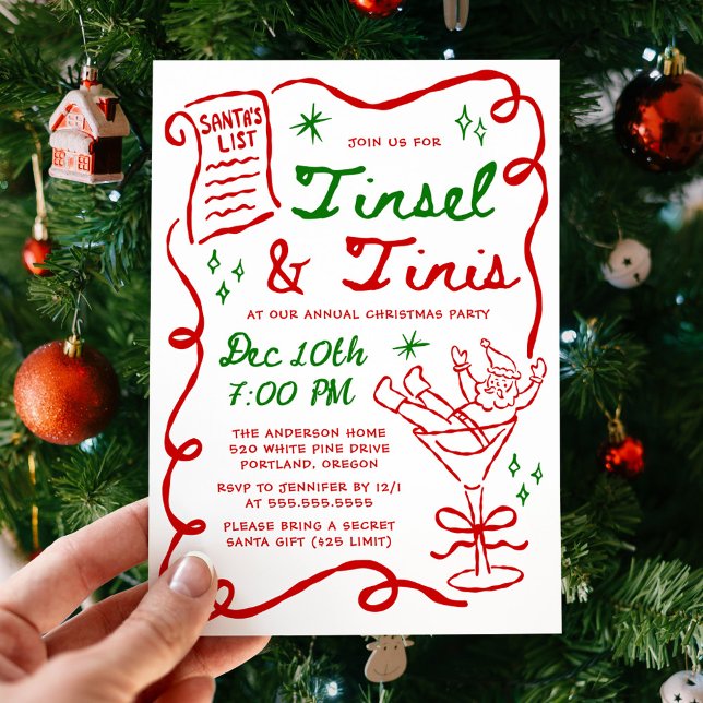 Convites Whimsical Tinsel and Tinis Christmas Party (Criador carregado)