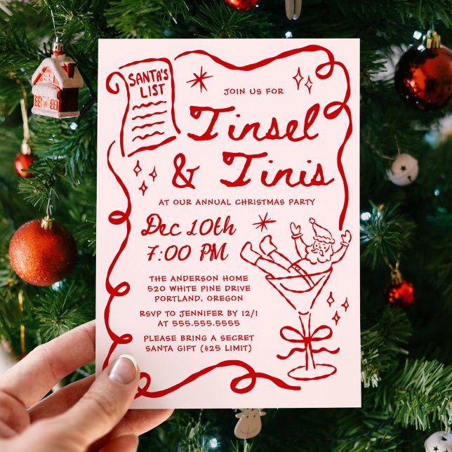 Convites Whimsical Tinsel and Tinis Christmas Party (Criador carregado)