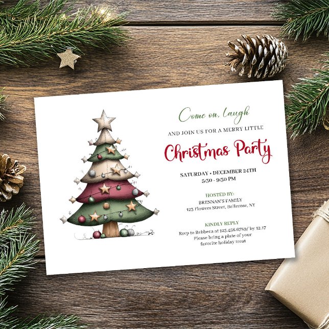 Convites Whimsical tree classic red green Christmas invite (Whimsical tree classic red green Christmas invite)