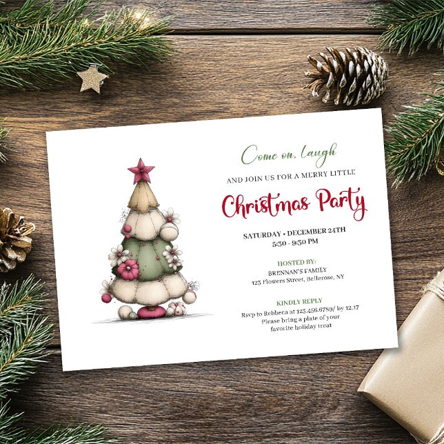 Convites Whimsical tree red green festive party invitation (Whimsical tree red green festive party invitation)