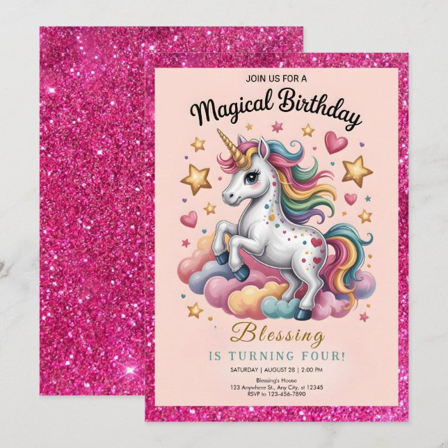 Convites Whimsical Unicorn 4th Birthday (Frente/Verso)