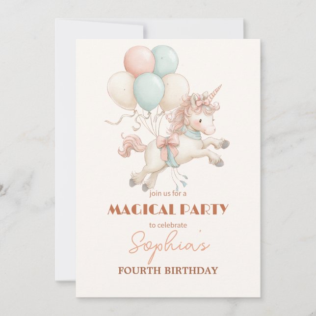 Convites Whimsical Unicorn & Balloons Party (Frente)