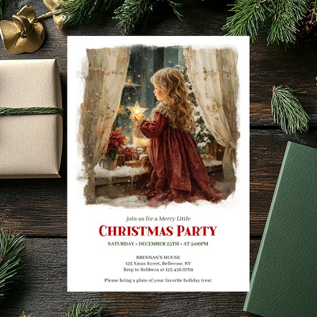 Convites Whimsical Victorian Little Girl Awaiting Santa  (Whimsical Victorian Little Girl Awaiting Santa Printable Invite)