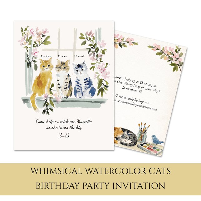 Convites Whimsical Watercolor Cats Birthday Party | (Criador carregado)