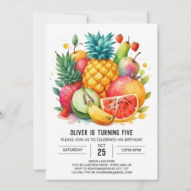 Convites Whimsical Watercolor Frutas (Frente)