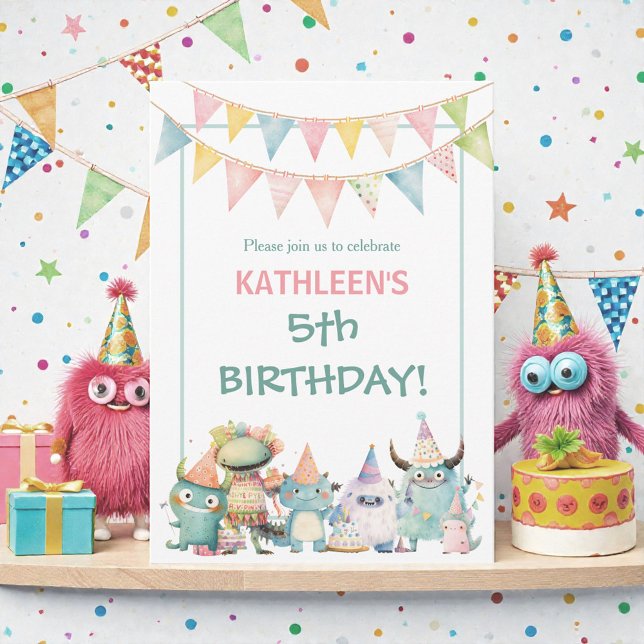 Convites Whimsical Watercolor Funny Monsters Birthday  (Criador carregado)