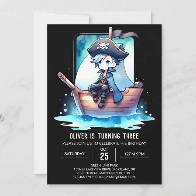 Convites Whimsical Watercolor Pirate Birthday (Frente)