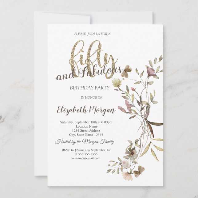 Convites Whimsical Watercolor Wildflower 50º Aniversário (Frente)