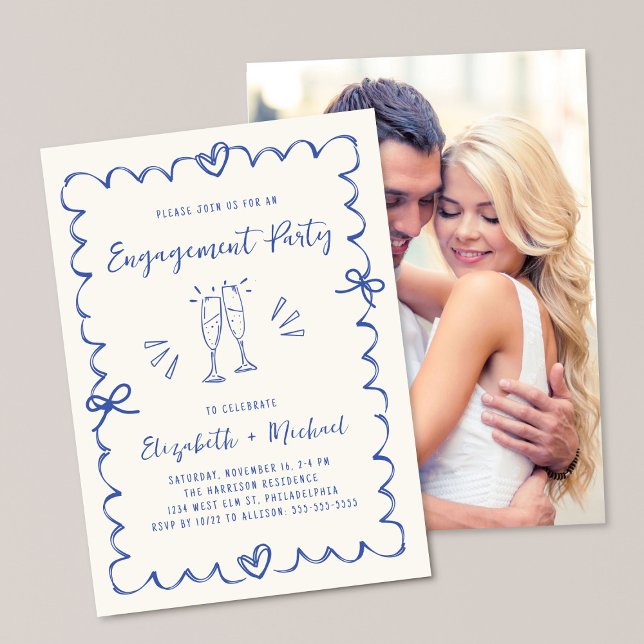 Convites Whimsical Wavy Frame Blue Photo Engagement Party (Criador carregado)