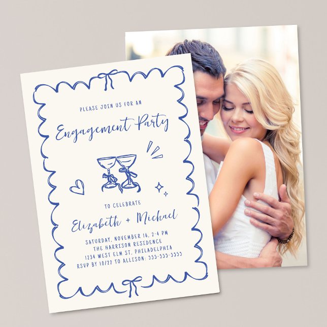 Convites Whimsical Wavy Frame Blue Photo Engagement Party (Criador carregado)