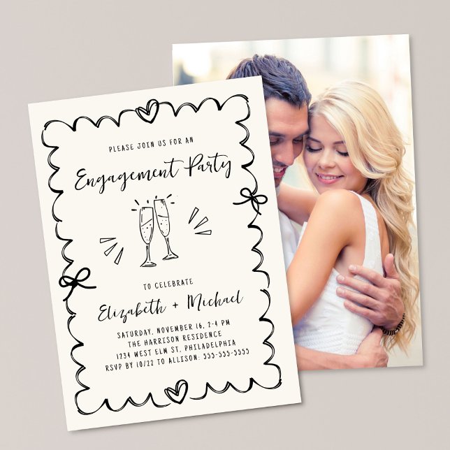 Convites Whimsical Wavy Frame Cream Photo Engagement Party (Criador carregado)