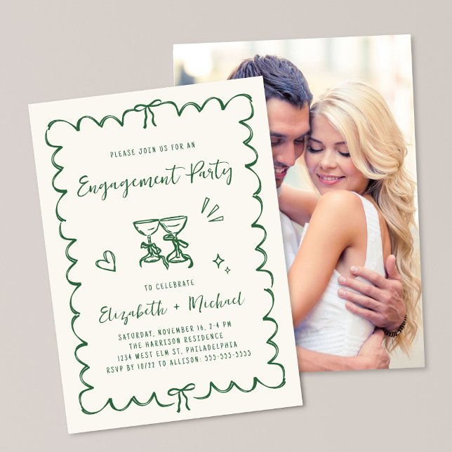 Convites Whimsical Wavy Frame Photo Green Engagement Party (Criador carregado)