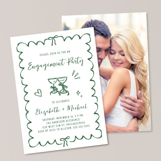 Convites Whimsical Wavy Frame Photo Green Engagement Party (Criador carregado)