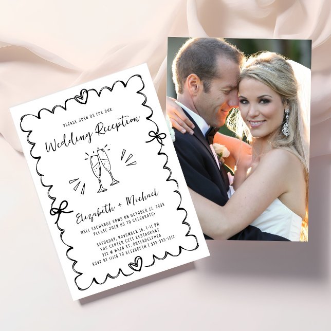 Convites Whimsical Wavy Frame Photo Wedding Reception (Whimsical Wavy Frame Photo Wedding Reception Invitation)