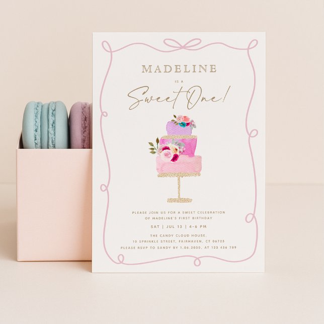 Convites Whimsical Wavy Frame Pink Cake First Birthday  (Criador carregado)