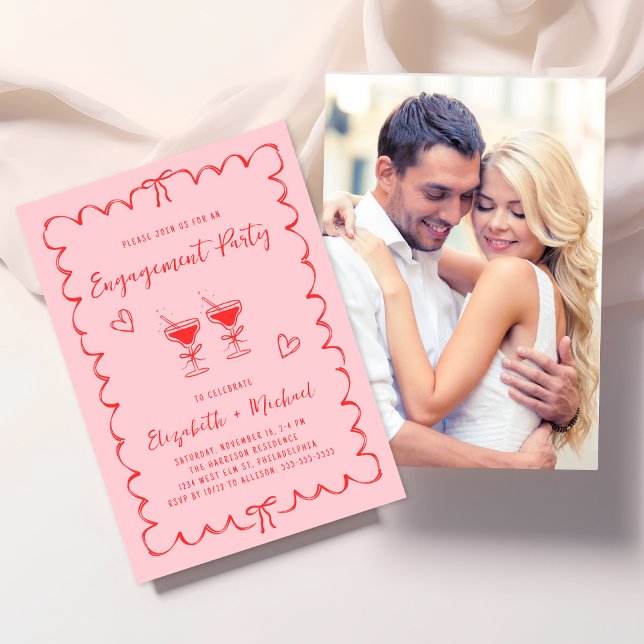 Convites Whimsical Wavy Frame Pink Photo Engagement Party (Criador carregado)
