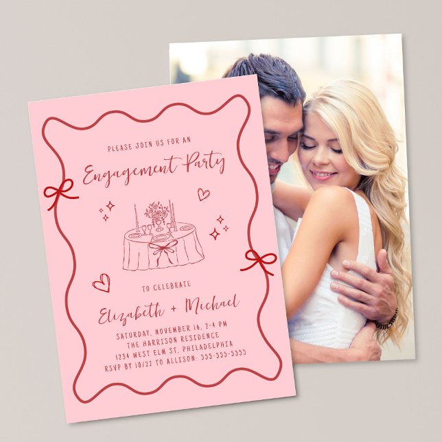 Convites Whimsical Wavy Frame Pink Photo Engagement Party (Criador carregado)
