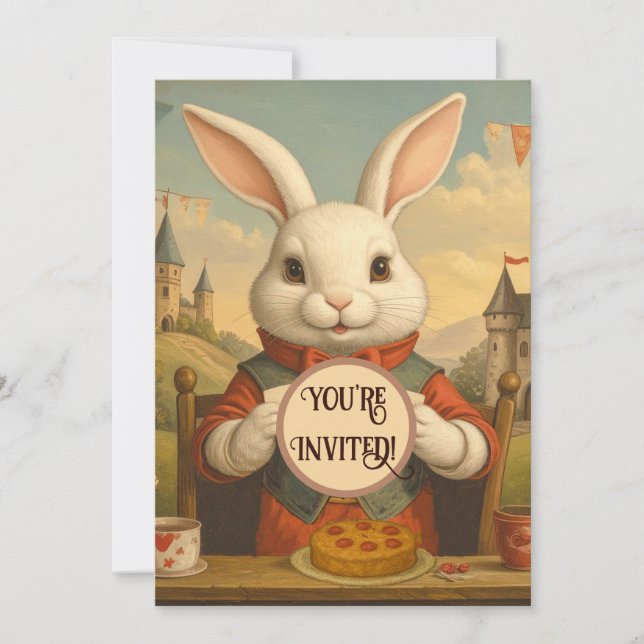Convites Whimsical White Rabbit Hearts Enchanted Wonderland (Frente)