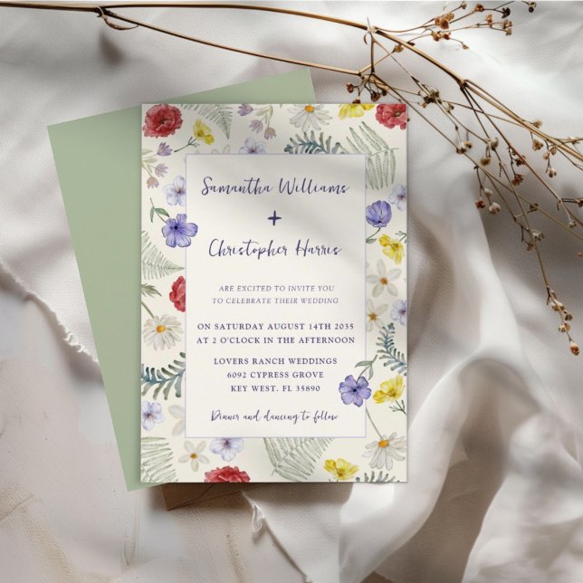 Convites Whimsical Wildflower Ecru & Sage Wedes (Criador carregado)
