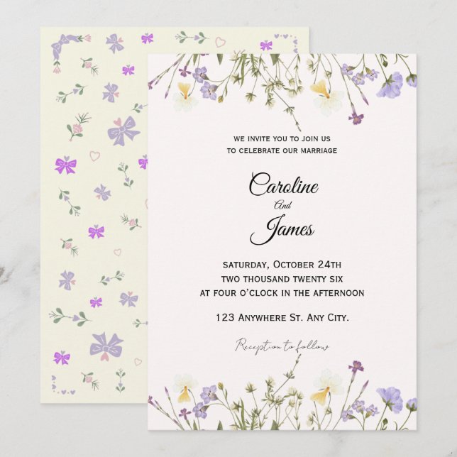 Convites Whimsical Wildflower Meadow Border Wedding  (Frente/Verso)