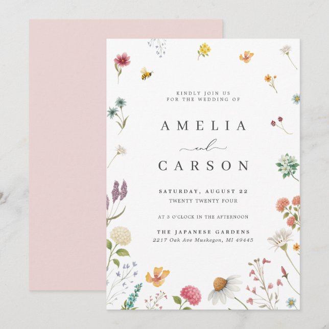 Convites Whimsical Wildflower Meadow Wedding Invitation (Frente/Verso)