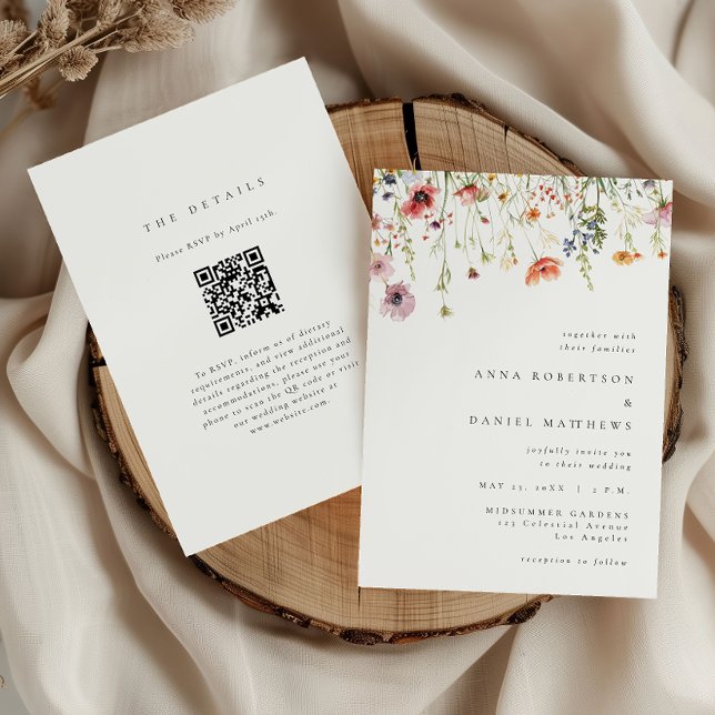 Convites Whimsical Wildflower QR Code Wedding (Criador carregado)