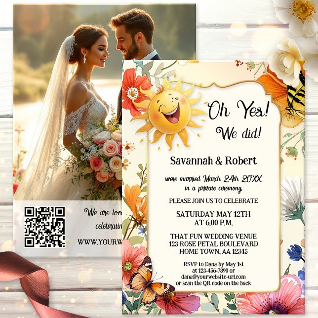 Convites Whimsical Wildflower Wedding Reception Photo (After wedding invitation features a laughing sun on a watercolor wildflower design. With photo + QR)