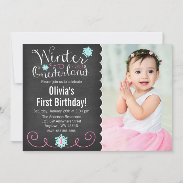 Convites Whimsical Winter Onederland Photo Teal Birthday (Frente)