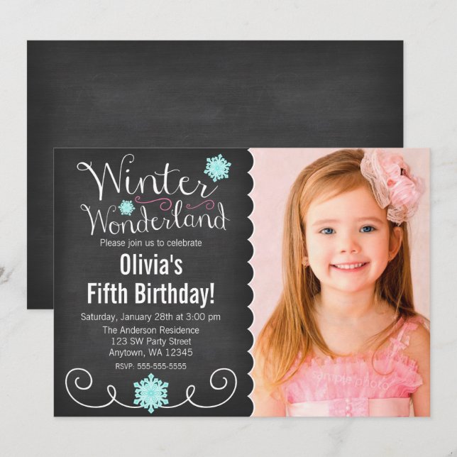 Convites Whimsical Winter Wonderland Foto Teal Aniversário (Frente/Verso)