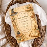 Convites Whimsical Wizard Magic Baby Shower<br><div class="desc">This enchanting baby shower design features a magical vintage storybook scene filled with charming wizard-inspired details. Delicate illustrations of potion bottles, spell books, antique keys, candles, and a wise little owl surround an ornate decorative frame, creating a whimsical atmosphere perfect for a magical celebration. The warm parchment background and soft...</div>