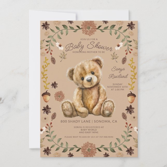 Convites Whimsical Woodland Teddy Bear Baby Shower (Frente)