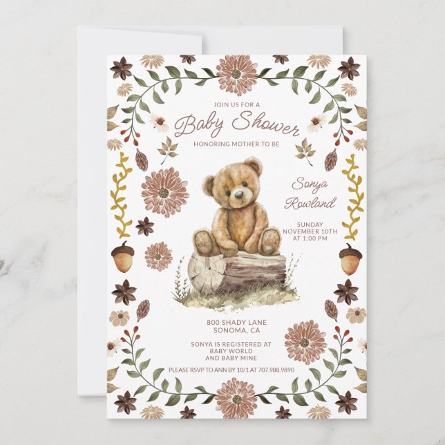 Convites Whimsical Woodland Teddy Bear Baby Shower (Frente)