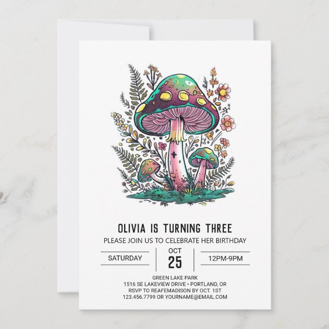 Convites Whimsical Woods Digital Mushroom Aniversário (Frente)