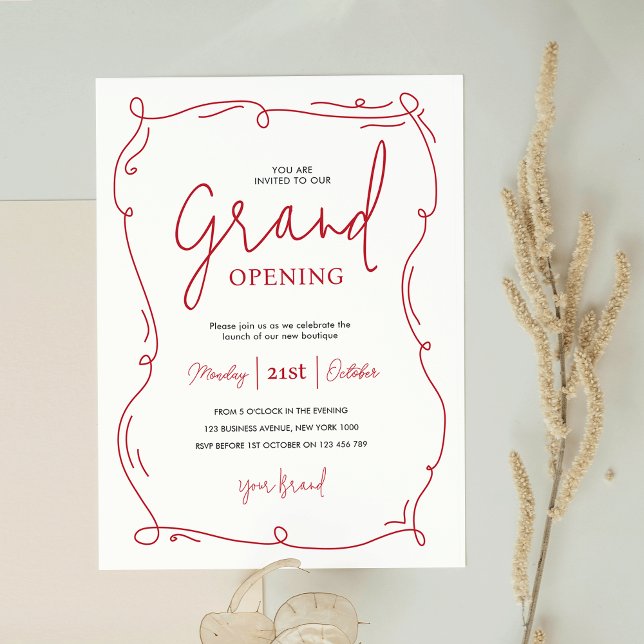 Convites Whimsical World Desenhou Moderna Grande Empresa de (Elegant whimsical business opening event invitation in white and red with hand drawn frame)