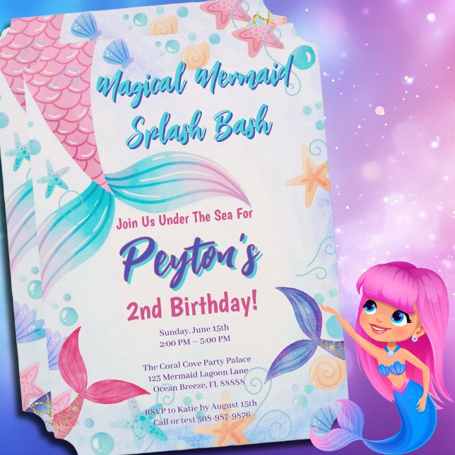 Convites Whimsid Tail Aniversário da Sereia (Magical Mermaid Birthday Party Invitation)