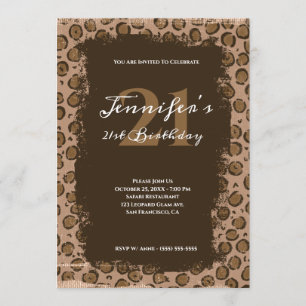 Convites Whimssic Brown Leopard Grunge aniversário de 21 a